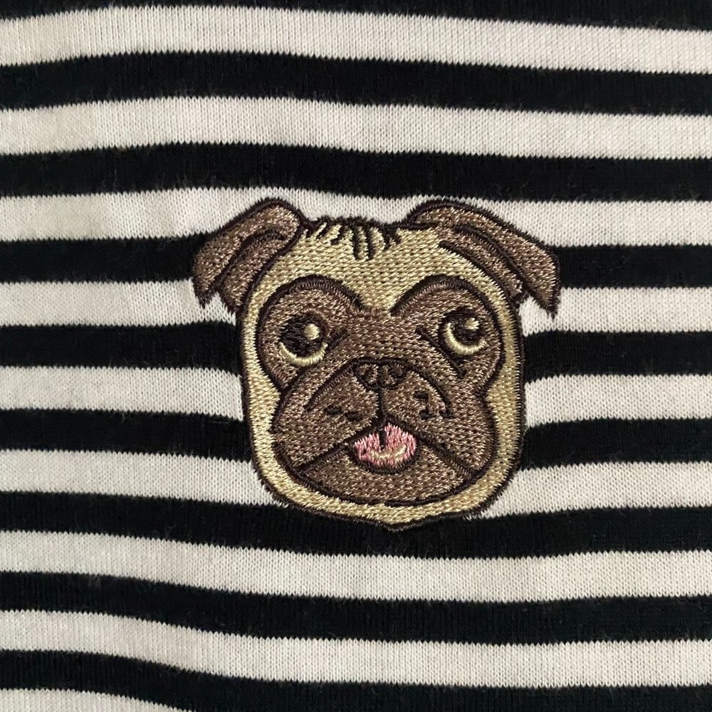 NEW Men's Black and White Striped Embroidered Pug T-Shirt